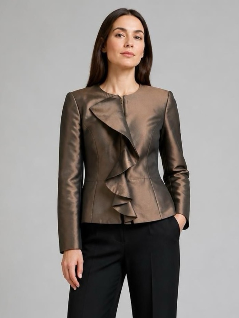 Tahari Women’s Brown Bronze Wool Silk Ruffle Peplum Jacket Size 4